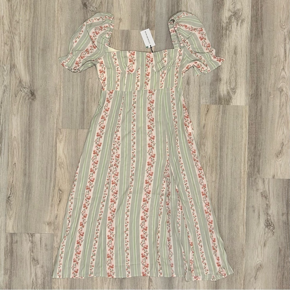 NWT WeWoreWhat Green Pink Floral Vertical Stripe Puff Sleeve Midi Dress Size 12